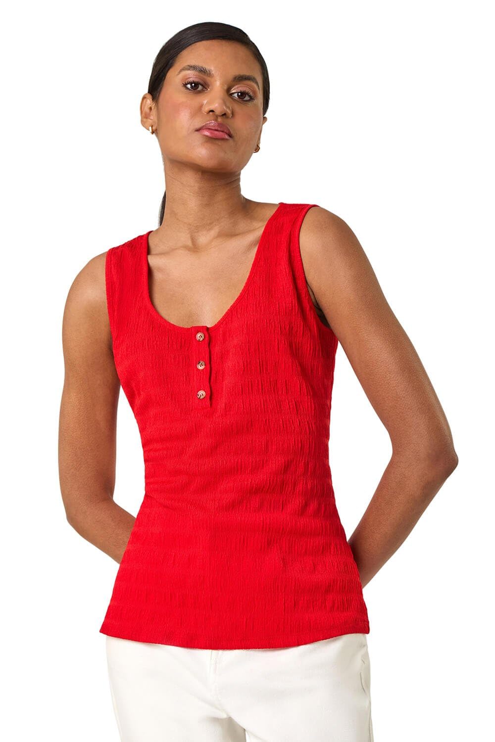 Roman Buttoned Stretch Vest Top Red - Women's Sleeveless Jersey Crepe - Size 12