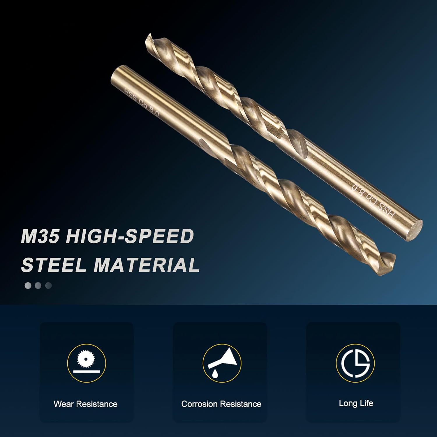 PATIKIL 8mm Drill Bit, M35 Cobalt 5% High-Speed Steel Jobber Straight Shank 135° Gold Finish for Stainless Steel Hard Metal - 10 Pack