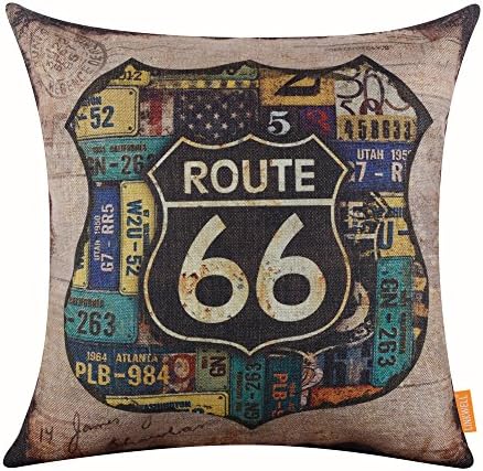 LINKWELL 18"x18" Vintage Rusted Look Car Plate Route 66 for Man Cave Throw Pillow Cover Brand Cushion Cover (CC1115)