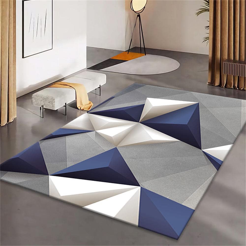 Tapis pour chambre 120X200cm bleu et blanc motif triangle 3D