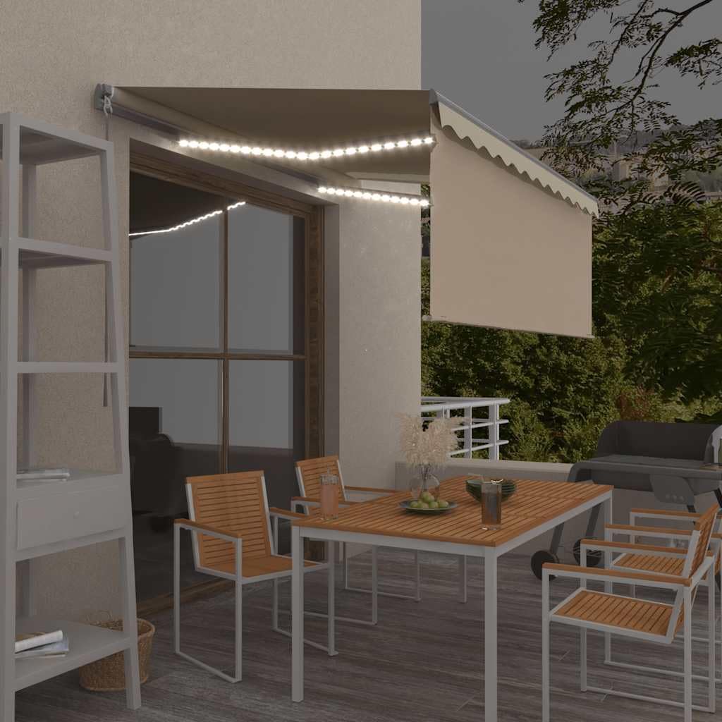 Ręczna zwijana markiza zewnętrzna z roletą i oświetleniem LED, 3,5 x 2,5 m, kremowa, ręcznie zwijana markiza z oświetleniem LED, markiza z korbą ręczną i lampami solarnymi,