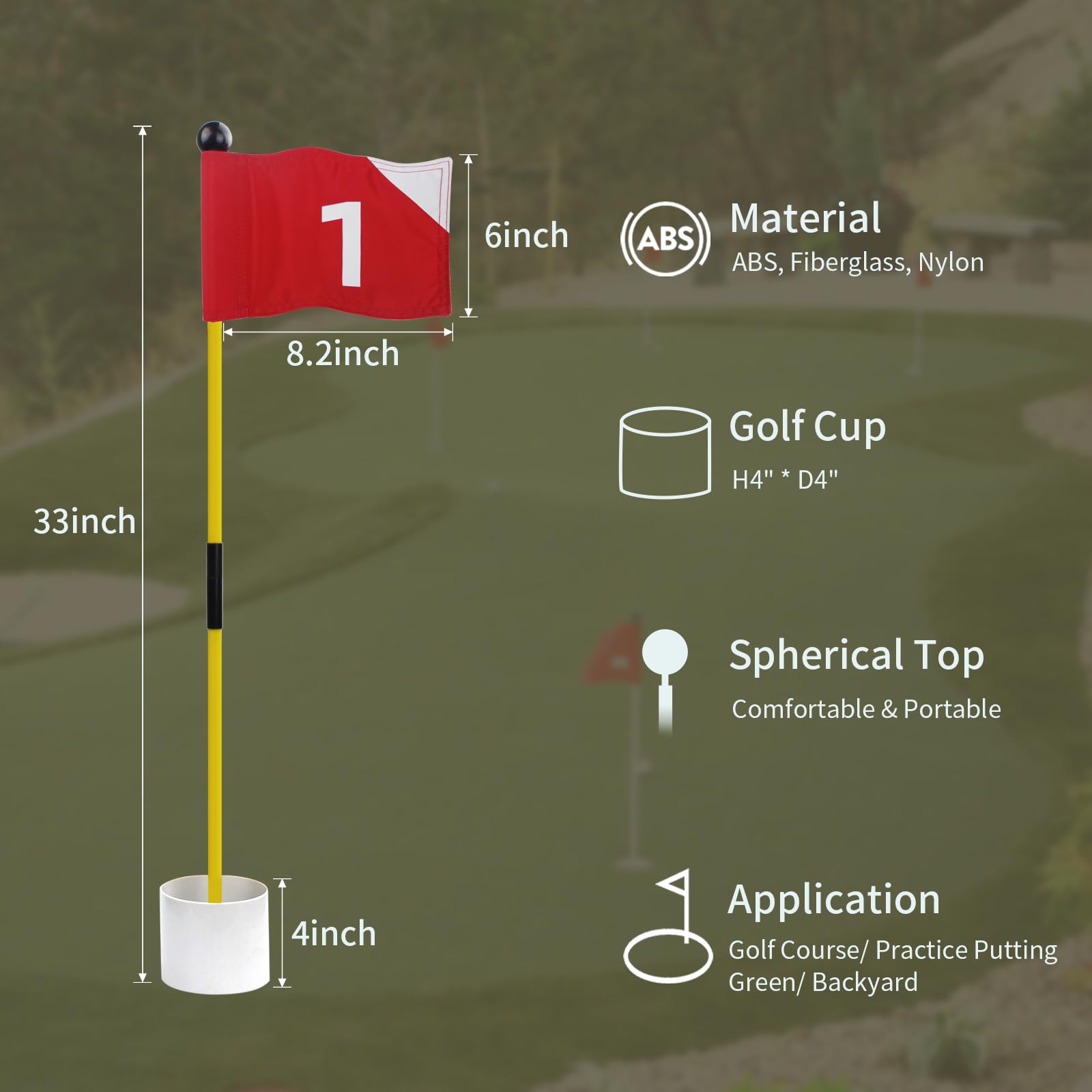 KOFULL Banderas de Golf con Banderas Rojas numeradas del 1 al 4, Palo de Bandera de Fibra de Vidrio, Juego de Tazas de práctica portátil, 4 Banderas con Bases de Copa Blancas