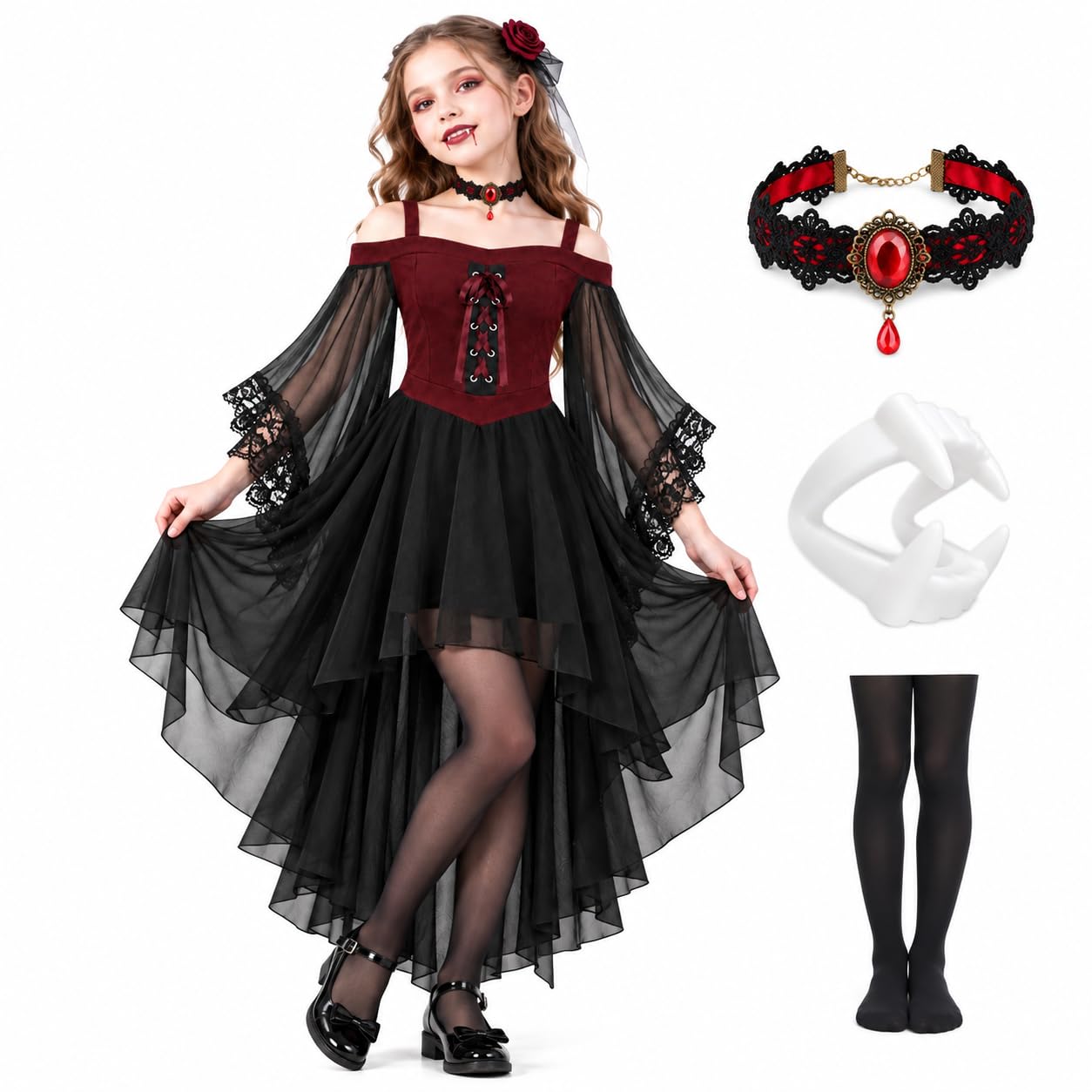 Girls Vampire Costume Halloween, 4 Piece Gothic Vampire Outfit with Dress, Choker, Fangs & Stockings, Kids Halloween Costume for Girls, Off Shoulder Fancy Dress 7-12 Years