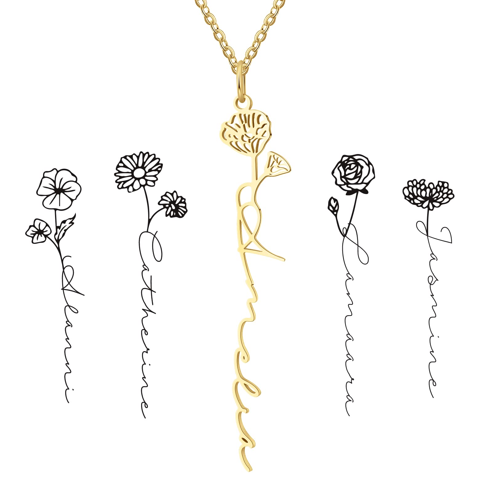Lam Hub Fong Personalized Name Necklace for Women - Custom Sterling Silver Birth Flower Necklace, Gift for Girlfriend, Wife, or Mother - Birthday &