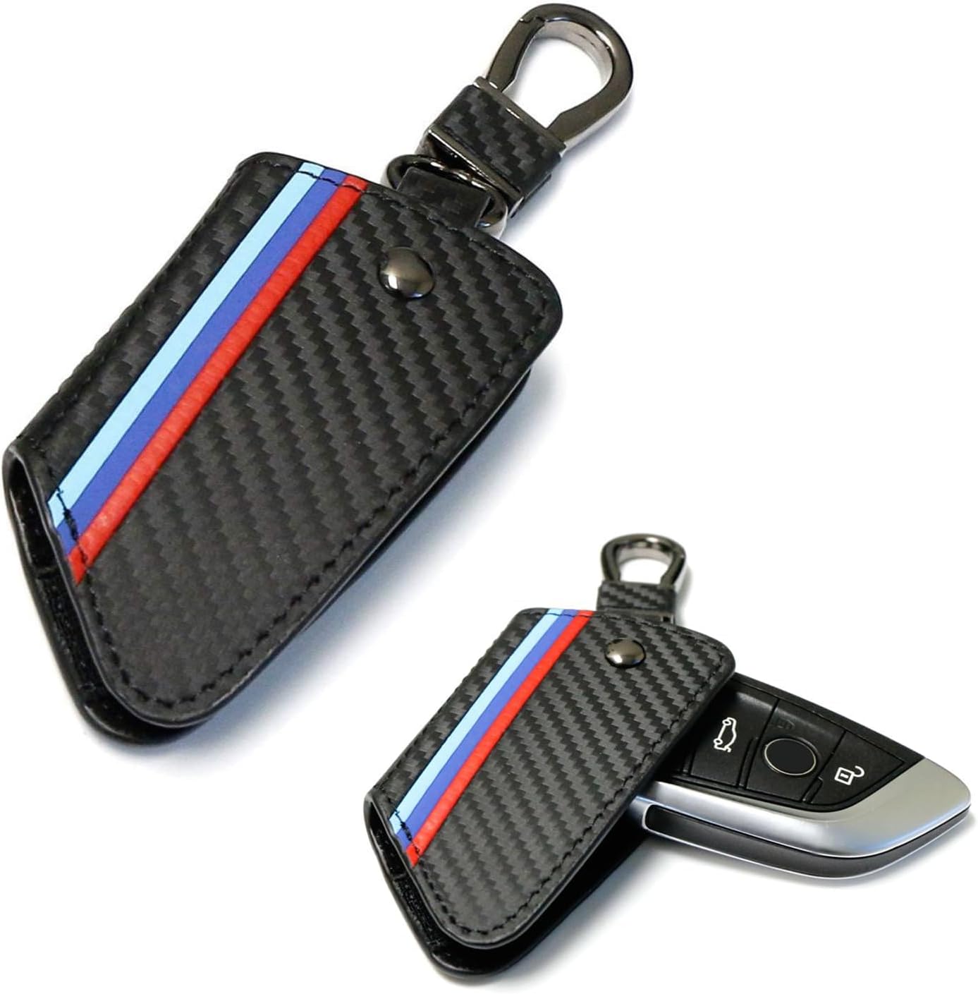 iJDMTOY Iconic 3-Color Stripe Black Carbon Fiber Pattern Leather Key Holder with Keychain Compatible With BMW Remote Fob (Older 1 3 5 6 Series X5 X6 Z4)