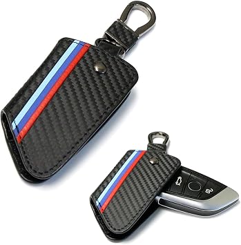iJDMTOY Iconic 3-Color Stripe Black Carbon Fiber Pattern Leather Key Holder w/Keychain Compatible with BMW 2016-22 X1, 2019-22 X4, 2014-22 X5, 2015-22 X6, 2017-22 5 Series & 2016-22 7 Series