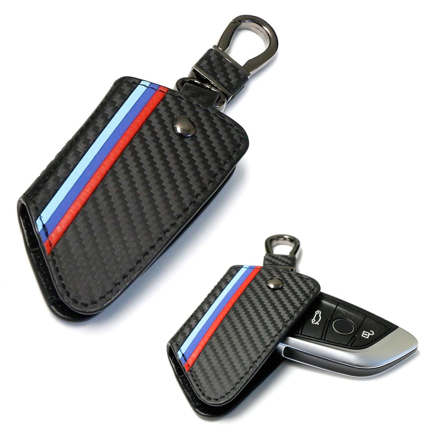 iJDMTOY Iconic 3-Color Stripe Black Carbon Fiber Pattern Leather Key Holder w/Keychain Compatible With BMW 2016-22 X1, 2019-22 X4, 2014-22 X5, 2015-22 X6, 2017-22 5 Series & 2016-22 7 Series