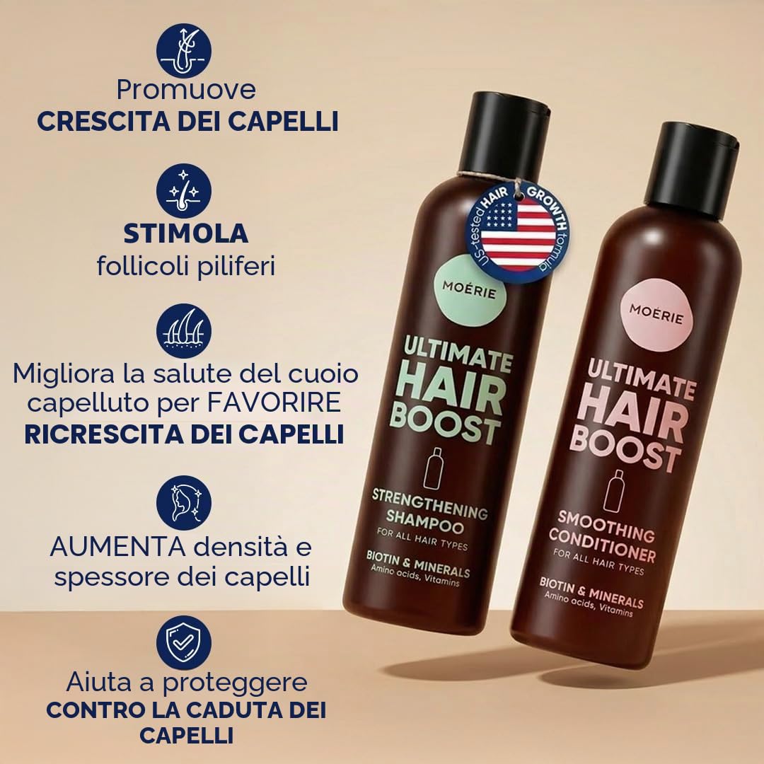Moérie shampoo ristrutturante balsamo volumizzante anticaduta, prodotti per crescita capelli con ingredienti naturali, oltre 100 ingredienti attivi per capelli folti, lunghi e splendenti, 4 x 250 ml