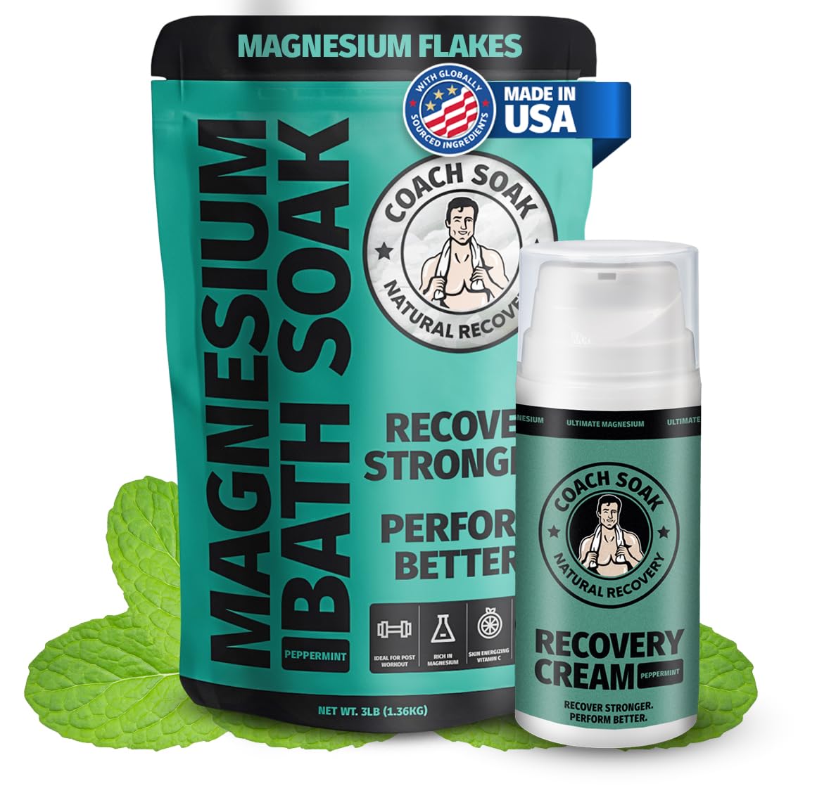 Coach Soak Recovery Bath Soak & Cream - Alternative to Epsom Salt Bath Soak - Fast-Absorbing Pure Magnesium Flakes with 21 Minerals, Bath Salts &