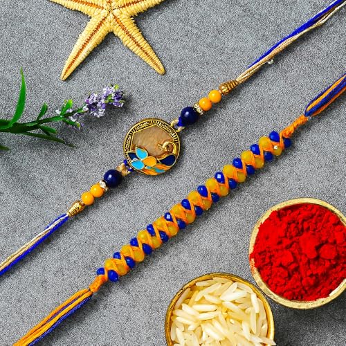 Image of eCraftIndia Set of 2 Kundan Beads Beautiful Peacock Designer Rakhis with Roli Chawal Pack