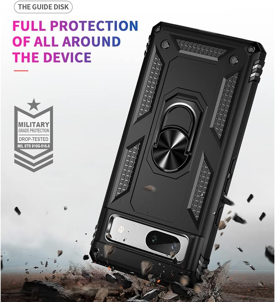 Auzuoton Google Pixel 7a Phone Case, Military Grade 16ft. Drop Tested, Rotable Kickstand, HD Screen Protector, Black image 2