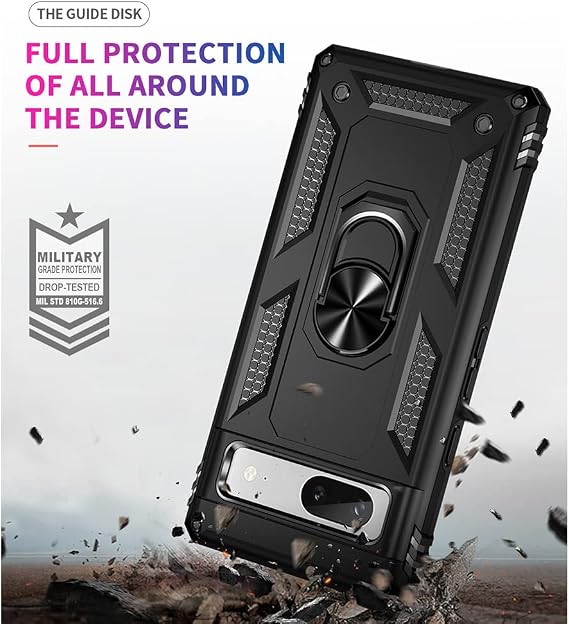 for Google Pixel 7A Case, Pixel 7A Case with HD Screen Protector, Silicone Shockproof Military Grade Protective Phone Cover with Ring Kickstand for Google Pixel 7A (Black)