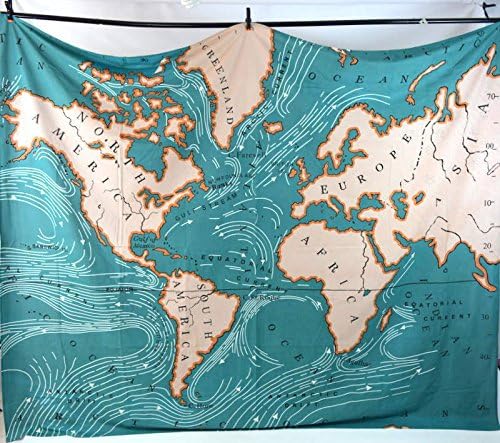 Teal Ocean World Map Tapestry Textile Art D¨¦cor