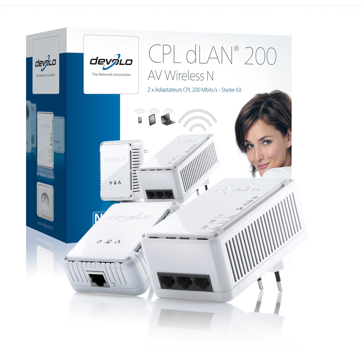 devolo 1003 - Pack de 2 adaptateurs CPL (dLAN 200 AV Wireless N Starter Kit+) : 3 ports Fast Ethernet / prise gigogne intégrée / Wifi