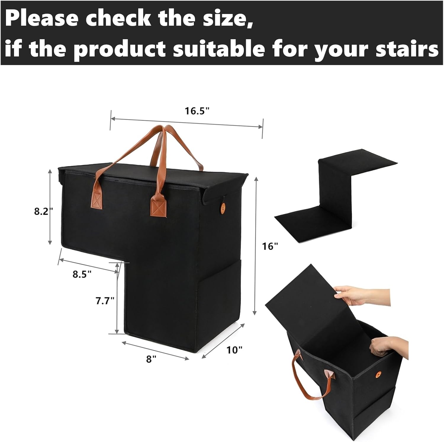 Yopay 2 Pack Stair Storage Baskets with Leather Handles, Upgraded Step Organizer Bin with Lid for Carpeted Wooden Stairs, Foldable Felt Basket with Supporting Insert for Books, Clothes, Office Supplie