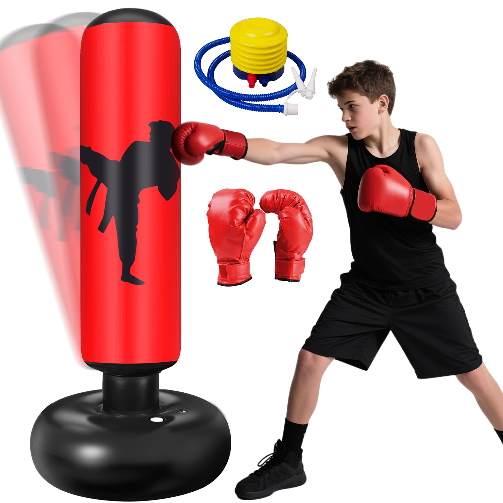 Punching Bag for Kids Ninonly 160cm Inflatable Kids Punching Bag with Boxing Gloves Stable Free Standing Punch Bag for Practicing Karate, Taekwondo, MMA, Birthday Gifts for Boys & Girls (Kicking)