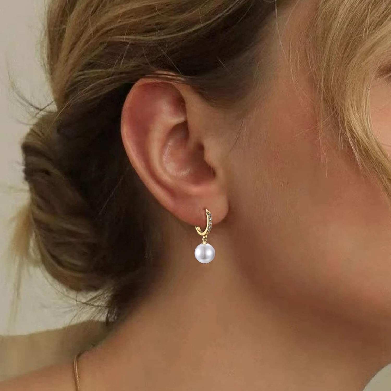 CERSLIMO Pearl Drop Earrings for Women | S925 Sterling Silver Post Simulated Shell Pearl Hoop Dangle Earrings, Hypoallergenic Cubic Zirconia Huggies Earrings Bridesmaid Jewelry - Image 3