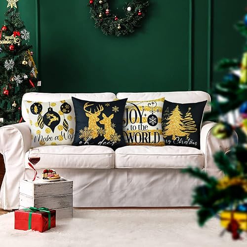 Miniatura 2 de OTOSTAR Juego de 4 fundas de almohada doradas de Navidad de 18 x 18 pulgadas para decoraciones de Navidad, alce negro y dorado, para árbol de