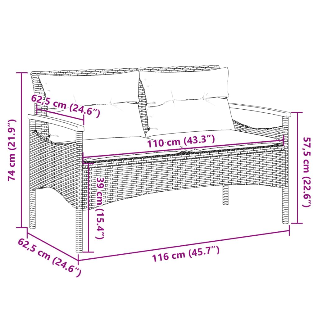 Ławka ogrodowa z poduszką z polirattanu, malowana proszkowo rama stalowa, 116 x 62,5 x 74 cm, ławka do siedzenia outdoorowa w kolorze szarym, ławka na balkon, taras i meble ogrodowe ławka do