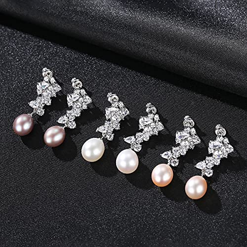 Quakerbird Freshwater Cultured Genuine Pearl Drop Earrings For Women Sterling Silver 9-10Mm Pearls Tennis Cluster Cz Dangle Stud Earrings Wedding (01, Purple) #TOP3