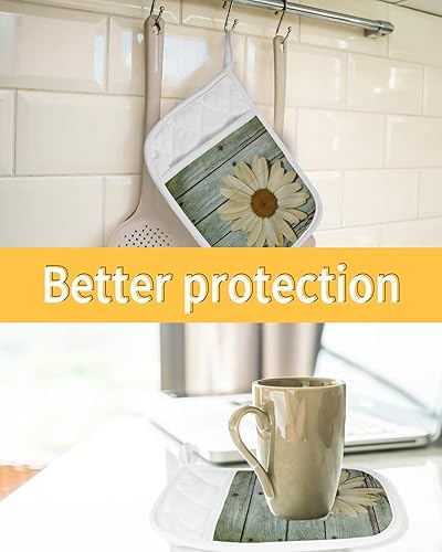 Miniatura 7 de Juego de 2 soportes para ollas de madera rústica con bolsillo para cocina, resistentes al calor, guantes de horno con bucles para colgar para