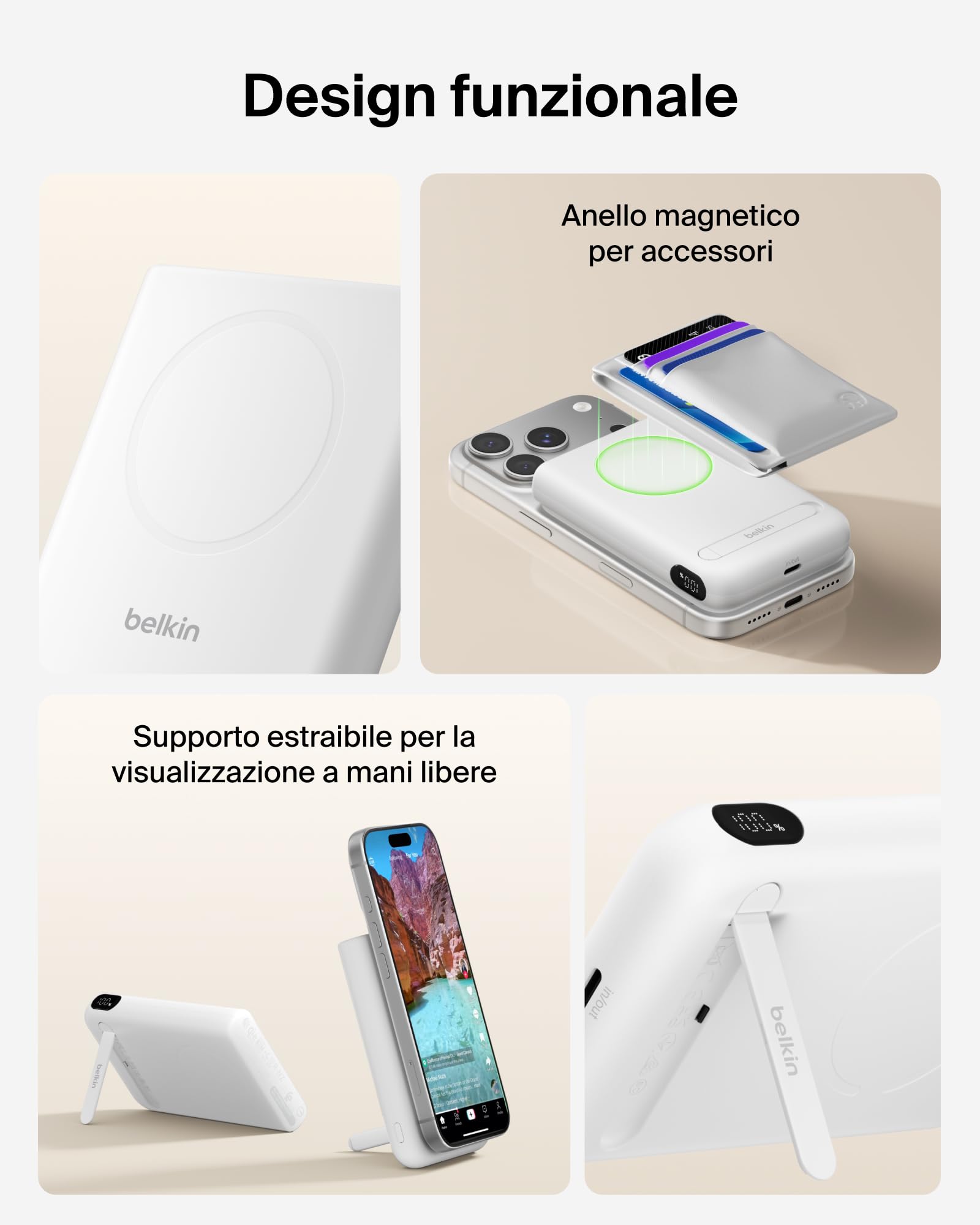Belkin BoostCharge Power Bank Magnetico 5000mAh con Supporto - Bianco | Caricatore Portatile 5000mAh Wireless, Anello Magnetico, Porta USB-C, Pre-Caricato, Cavo Incluso, Sicuro per l'Aereo