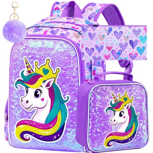 Image of 3Pcs Unicorn Backpack for Girls, 16 inch Sequin Bookbag Set for Kids, Elementary Preschool Preschool School Backpacks with Lunch Box (Purple)