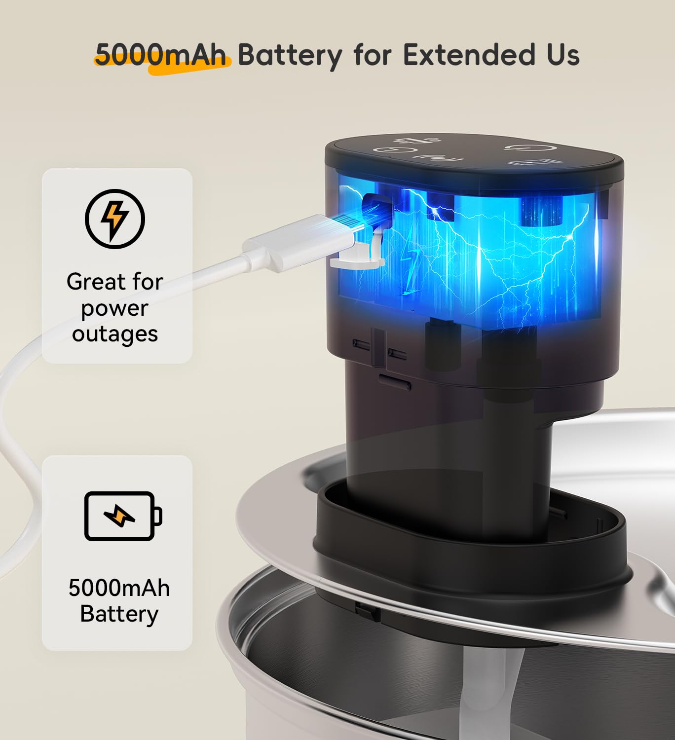 Fuente de agua de acero inoxidable para gatos, fuente inalámbrica para perros de 186 fl.oz/1.45 galones | Fuente inalámbrica para mascotas; batería de 5000 mAh; interior; modos de agua triples; 25 dB ultra silenciosa