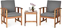Tangkula 3-Piece Acacia Wood Patio Conversation Set: 2 Cushioned Chairs & Coffee Table, Gray - Durable Outdoor Furniture for Garden, Deck, Backyard