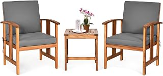 Tangkula 3-Piece Acacia Wood Patio Conversation Set: 2 Cushioned Chairs & Coffee Table, Gray - Durable Outdoor Furniture for Garden, Deck, Backyard