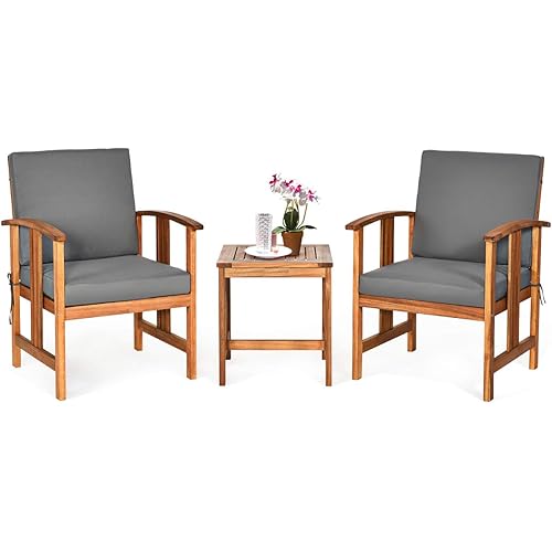 Tangkula 3 Pieces Patio Furniture Set, Includes Set of 2 Outdoor Acacia Wood Cushioned Chairs and Coffee Table, for Garden, Backyard, Poolside, Bistro and Deck, Patio Conversation Chat Set (Gray)