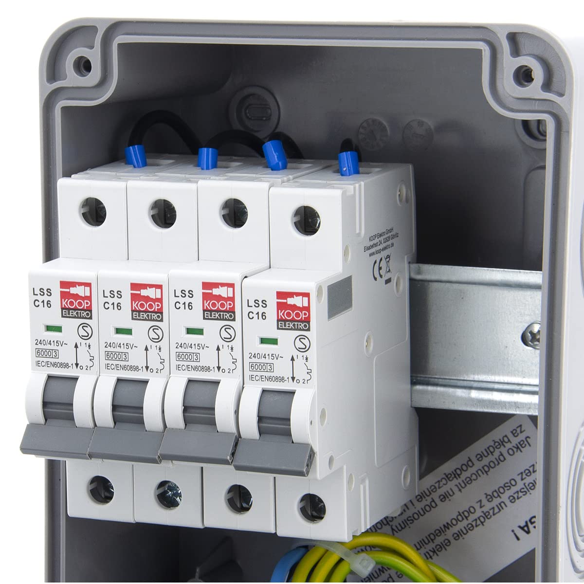 ELS Elektrotechnika - Distribuidor de enchufes para construcción, de pared, 4 Schuko, 230 V, 4 disyuntores C16, listo para conectar, cableado, para interior y exterior, talleres y fábricas, IP54