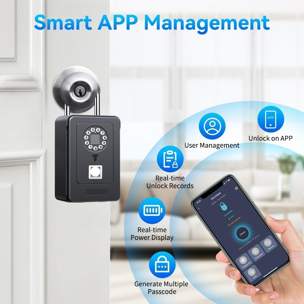 Boite a Clefs Securisee Exterieur, Boîte De Rangement Intelligente For Clés À Empreintes Digitales Boîte De Rangement De Mot De Passe Sans Fil Bluetooth Coffre-fort De Sécurité Antivol ,Coffre Fort Di