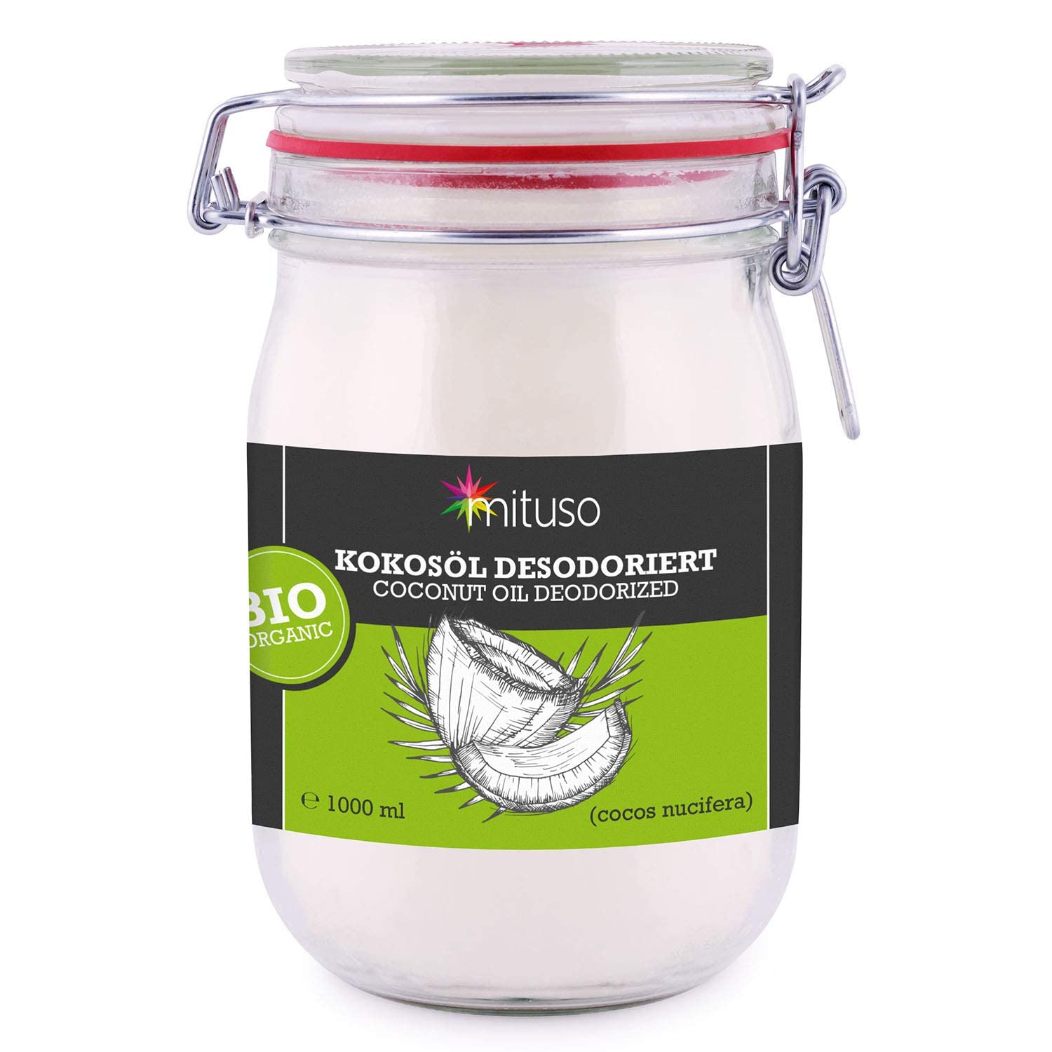 mituso Bio Kokosöl desodoriert 1 Liter | Geschmacksneutral - Ideal zum Braten, Backen, Frittieren | vegan, ohne Zusätze - Vielseitig für Haut & Haar | im Drahtbügelglas