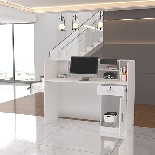 Miniatura 3 de AIEGLE Mostrador de recepción con estante ajustable y cajones con cerradura para sala de recepción, sala de recepción, oficina, color blanco (55.1