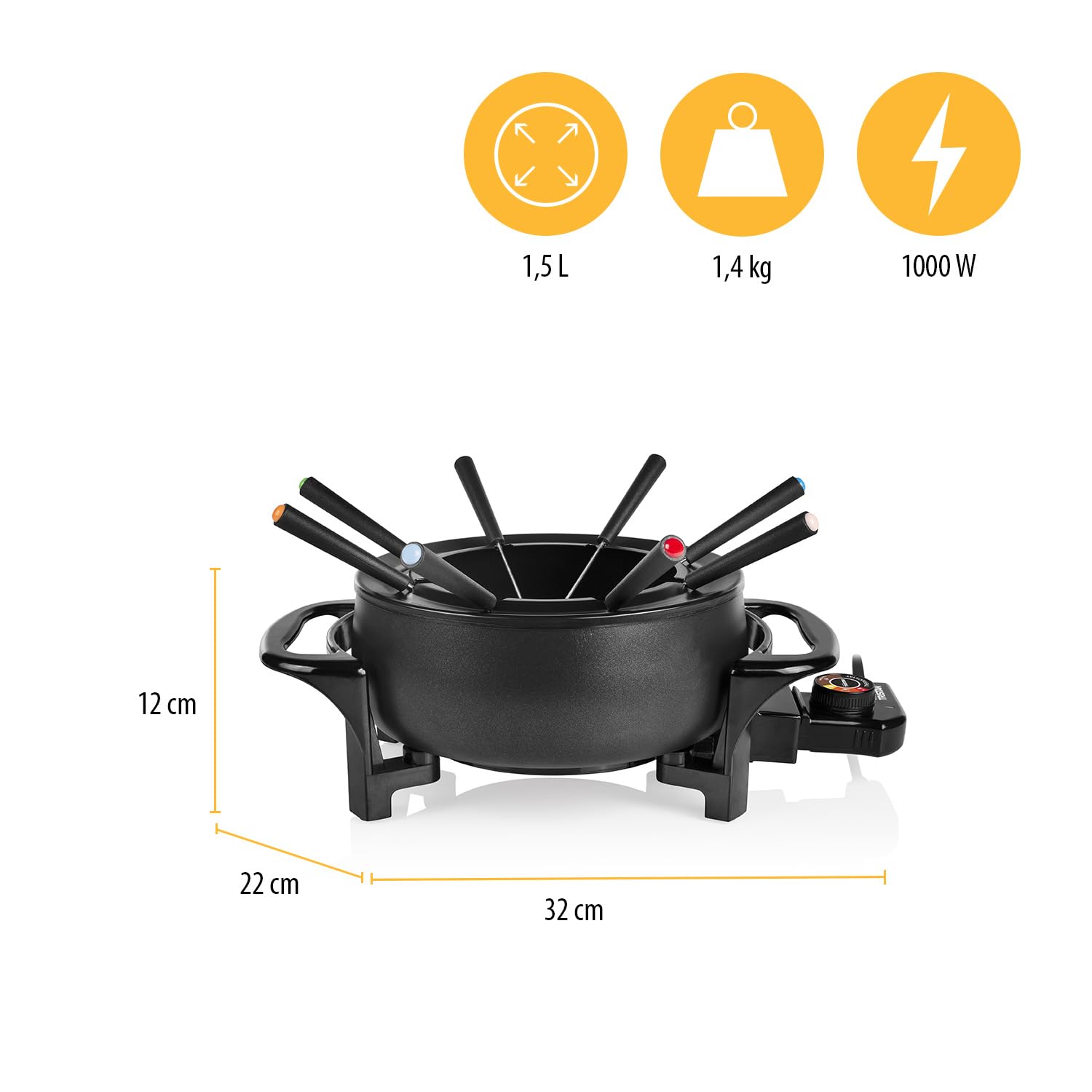 Tristar Fondue-Set 1,5 L für 8 Personen, 1000 Watt – Multifunktionaler Fonduetopf für Öl-, Käse-, Schokoladen- und China-Fondue, inkl. 8 Gabeln und Spritzschutzring, leicht zu reinigen