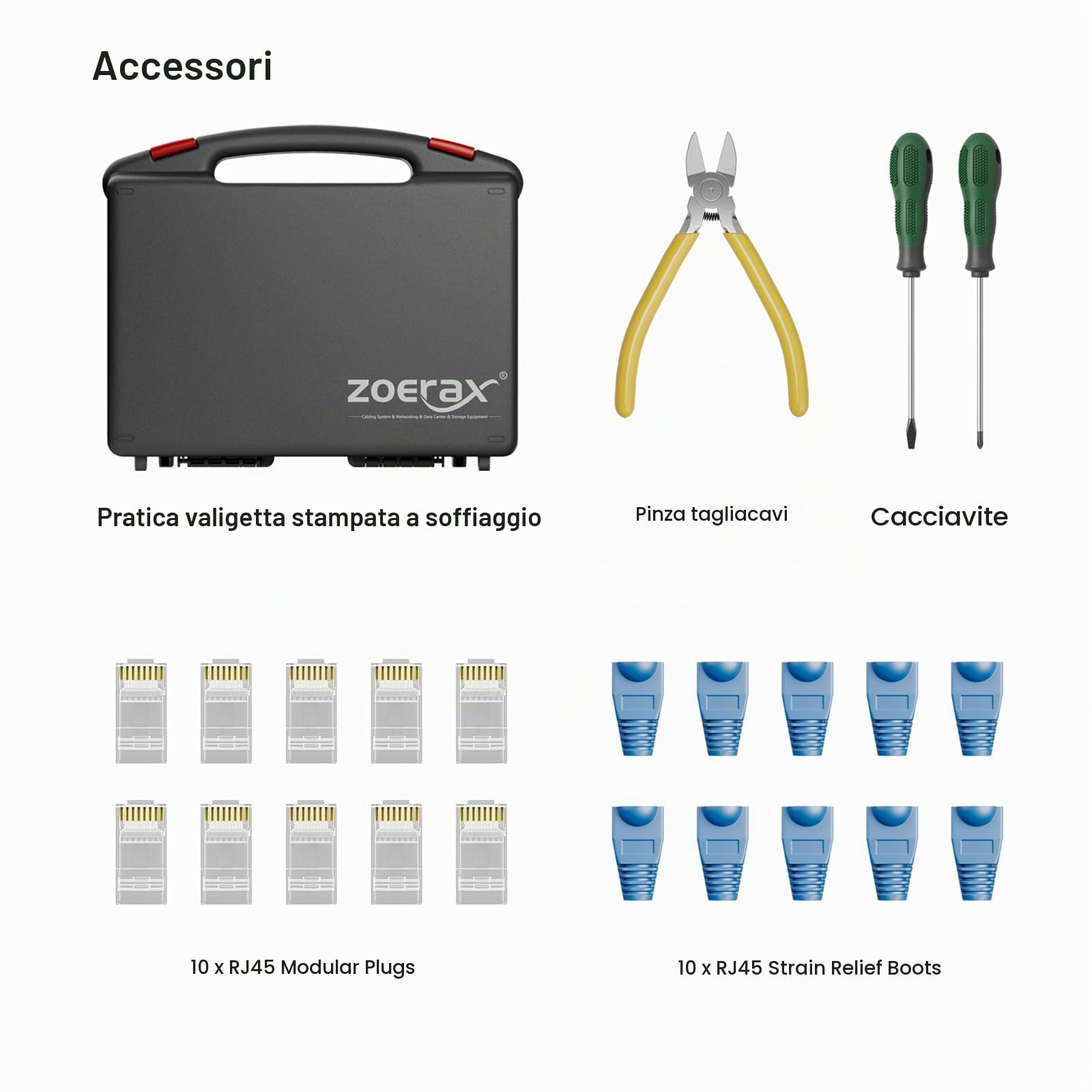 Kit di strumenti di rete professionale 11 in 1 per crimpare RJ45 – crimpatrice passante, tester RJ45, strumento di perforazione 110/88, spelafili, taglierina, connettori passa-through Cat6 e