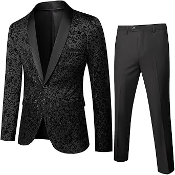 Cloudstyle Mens 2 Piece Floral Jacquard Dress Suit Set 1 Button Print Dinner Jacket Pants