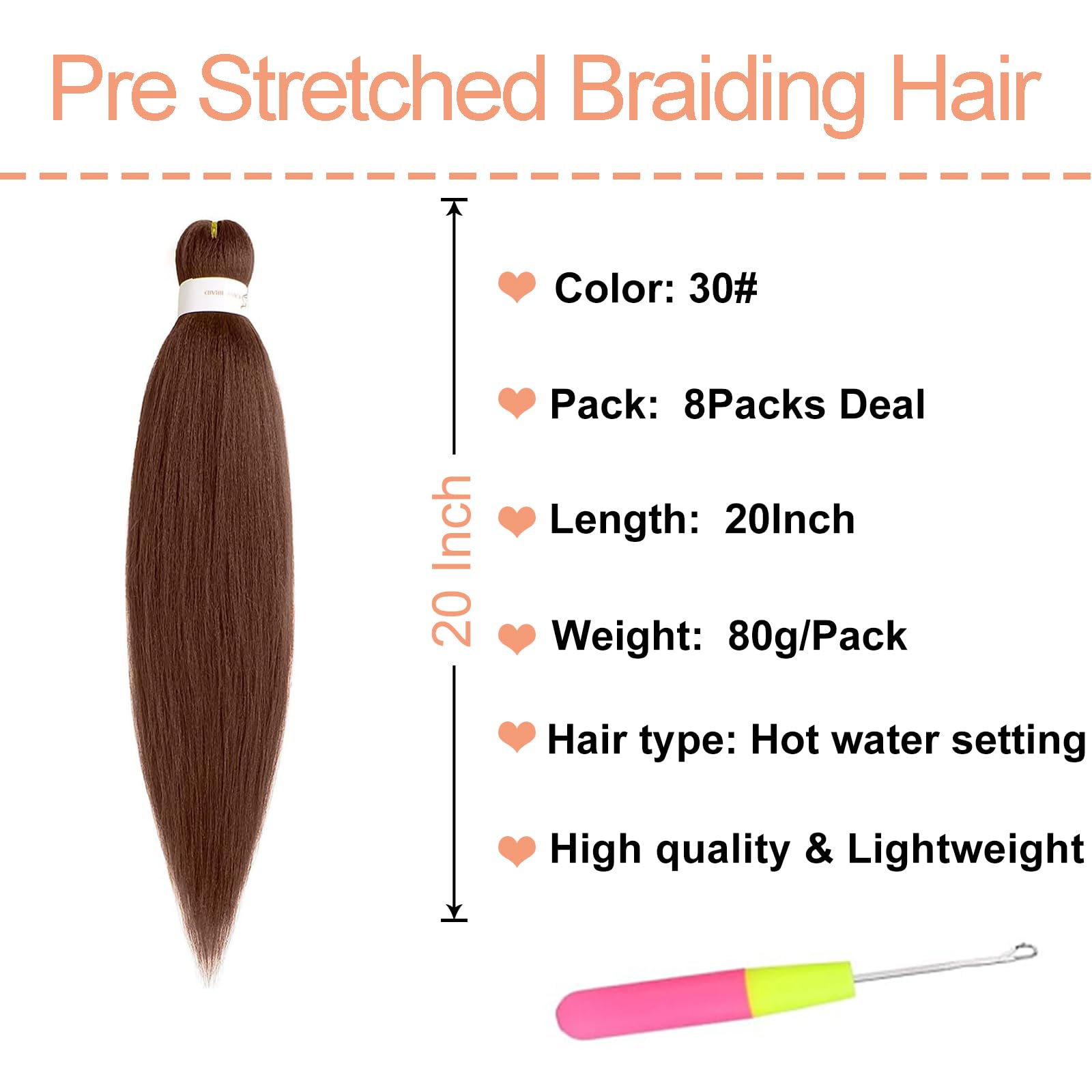 Mscat 20 Inch 8 Packs Pre Stretched Braiding Hair Brown Pre Stretched Braiding Professional Synthetic Prestretched Crochet Braids Hair Extension Hot Water Setting Yaki Texture (30#) - Image 2