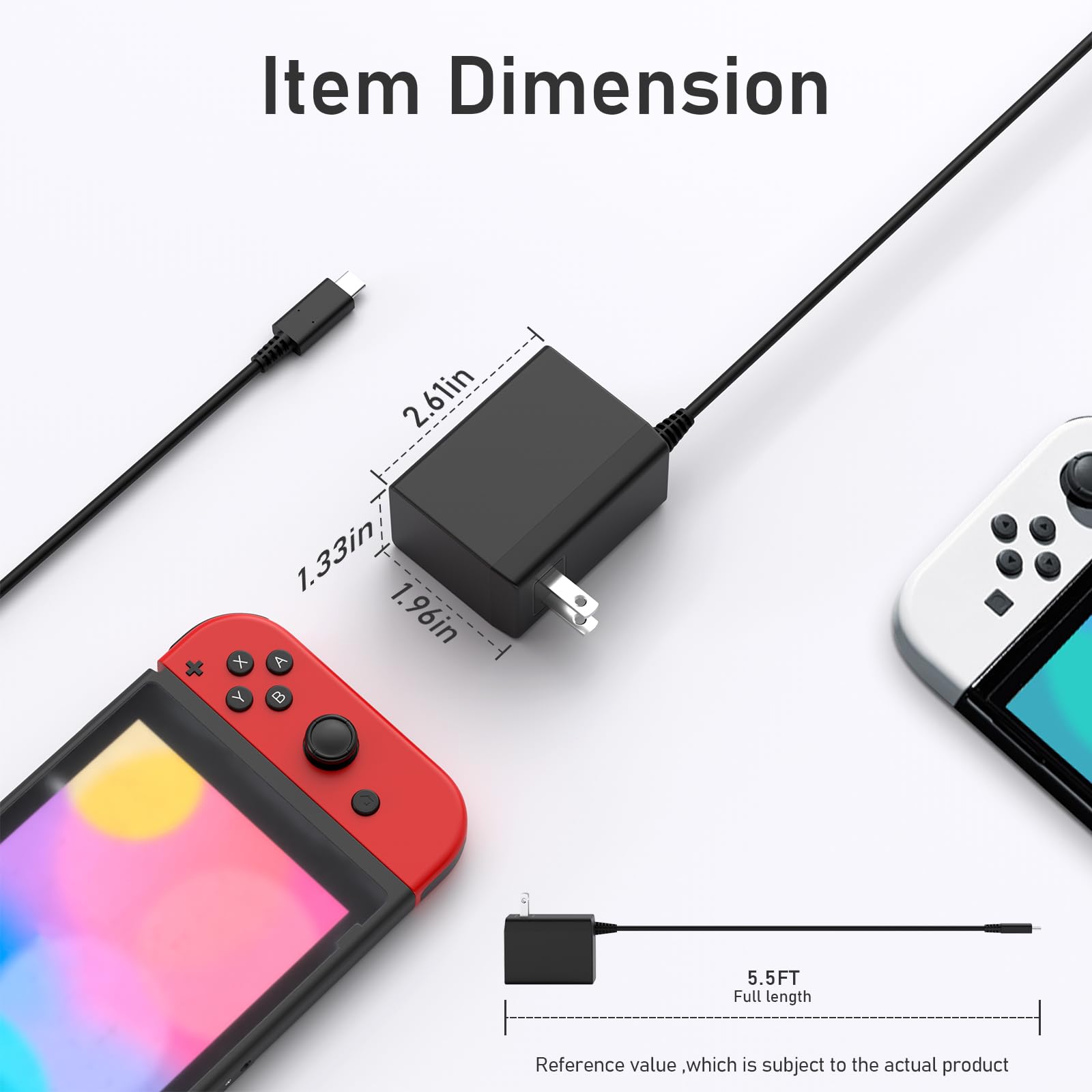 Caricatore per Nintendo Switch, 39 W, 15 V, 2,6 A, adattatore AC compatibile con Switch Lite, OLED, Steam Deck - supporta la modalità TV Fast Charging con cavo USB C da 1,5 m