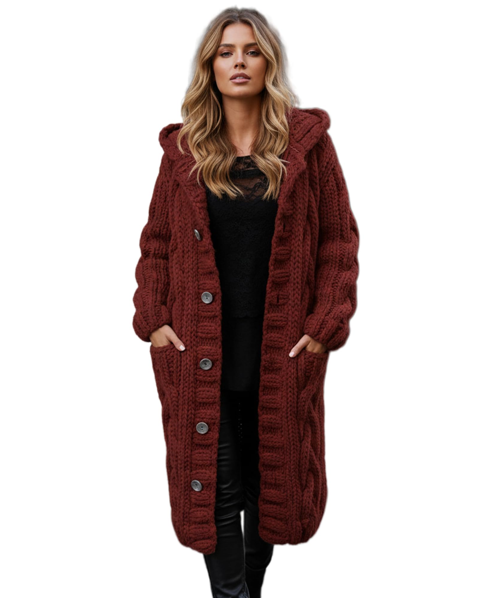 TIAFORD Womens Oversized Button Down Long Cardigan Sweater Chunky Cable Knit Long Sleeve Sweater Fall Winter Outerwear XXXXX-Large