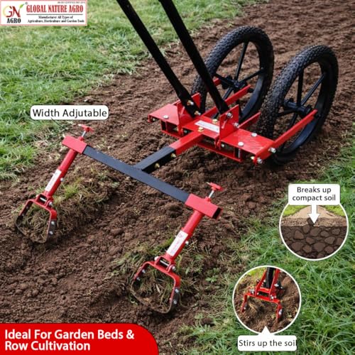 Image of Adjustable Double Wheel Weeder Cum Cultivator Machine | Manual Push Type Garden & Farm Tool for Weed Removal, Soil Loosening & Inter-Cultivation (Harrow-Stirrup-Hoe-5.5-Inch)
