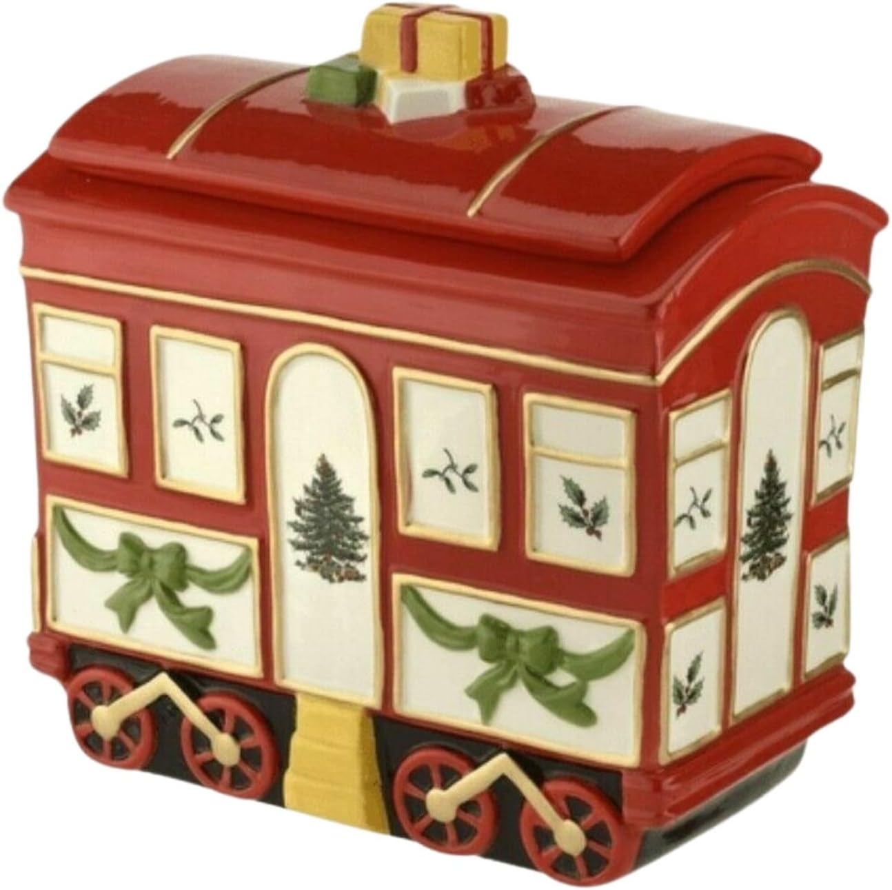 Spode Christmas Tree Cookie Jar with Lid, 8.5" Ceramic Holiday Train Car Dish for Cookies, Candy, Nuts - Festive Christmas Home Decor & Holiday Treats Jar - Great for Collectors