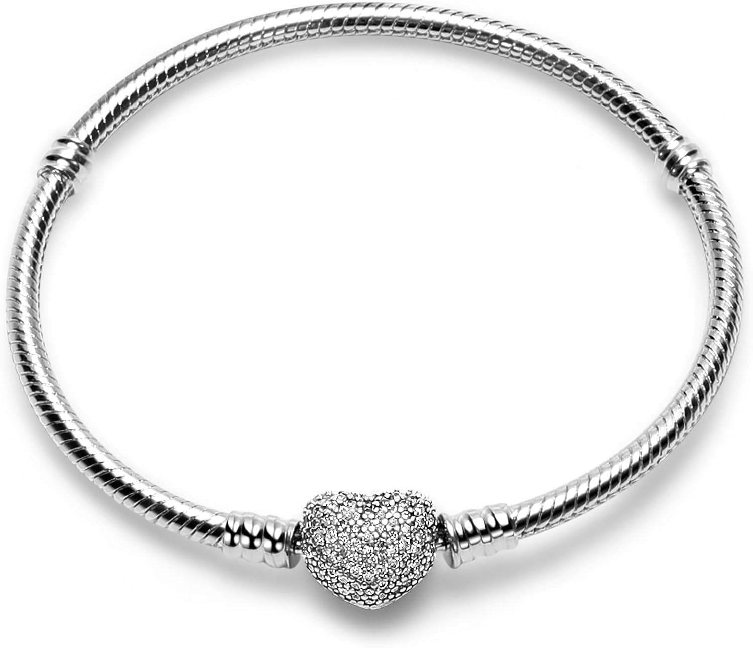 Charm Bracelet Fit For Charm Beads, 925 Sterling Silver Cubic Zirconia Heart Clasp Snake Chain Bracelet Fit Any Charm Gift for Women Girl