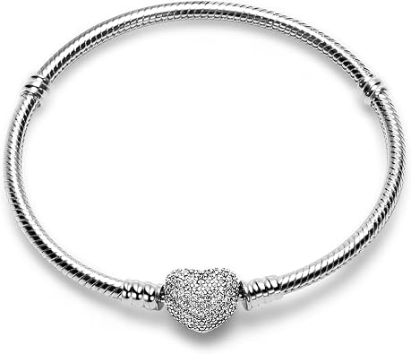 Charm Bracelet Fit For Charm Beads, 925 Sterling Silver Cubic Zirconia Heart Clasp Snake Chain Bracelet Fit Any Charm Gift for Women Girl