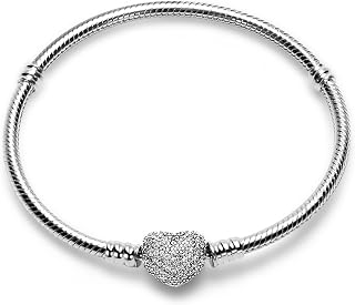 Charm Bracelet Fit For Charm Beads, 925 Sterling Silver Cubic Zirconia Heart Clasp Snake Chain Bracelet Fit Any Charm Gift for Women Girl