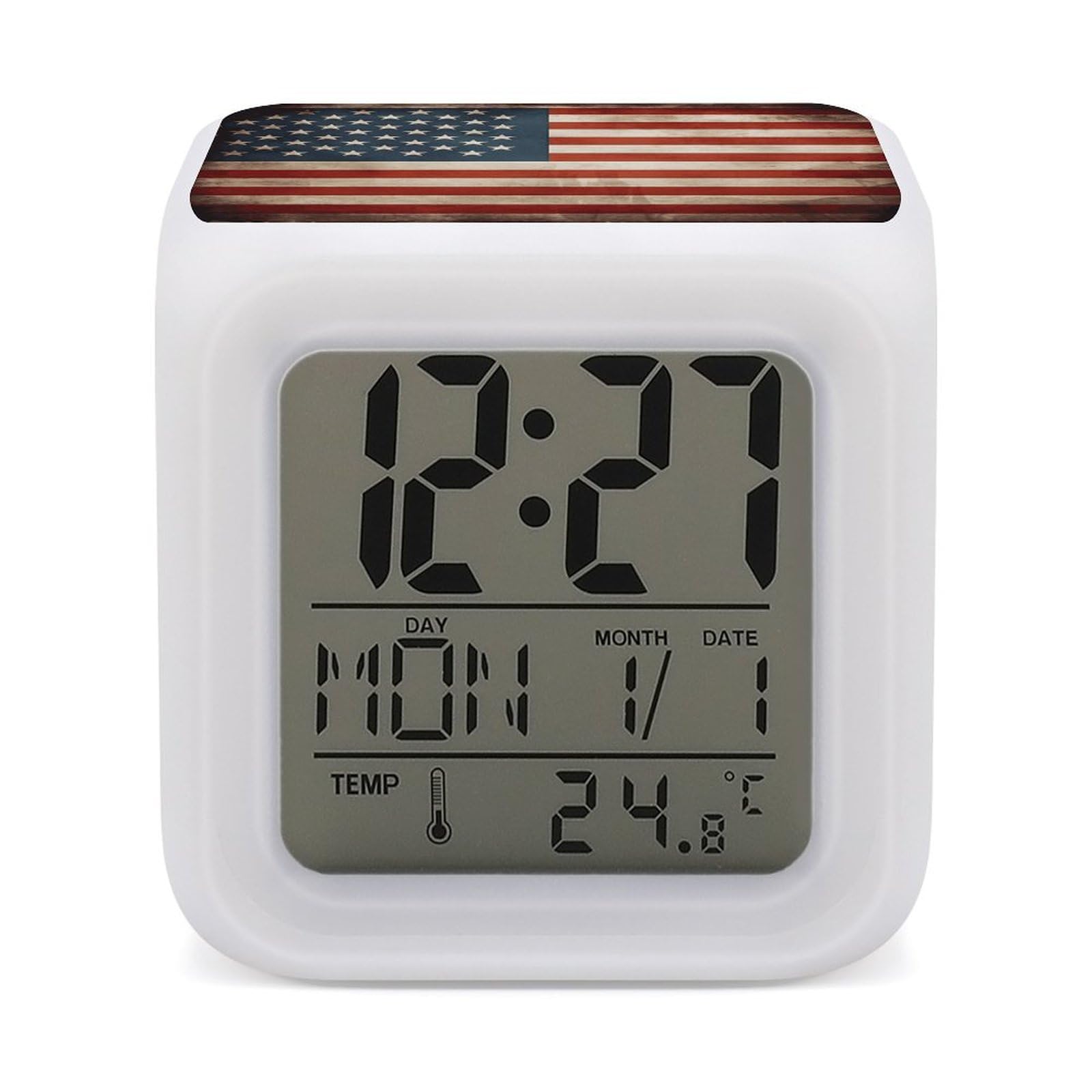 JTREHY 7 Color Changing LED Digital Alarm Clock,Vintage American USA Flag Printed Wake-up Clock with Temperature Display Home Decoration Alarm Clock for Bedroom Office