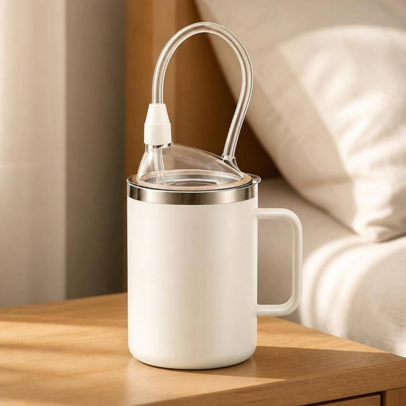 Gobelet avec Paille sans BPA Vaisselle, Rose, Rose, 520ml | Poignée Incurvée Ergonomique, Tasse avec Couvercle, En Acier Inoxydable, pour Hôpital, Adultes Alités