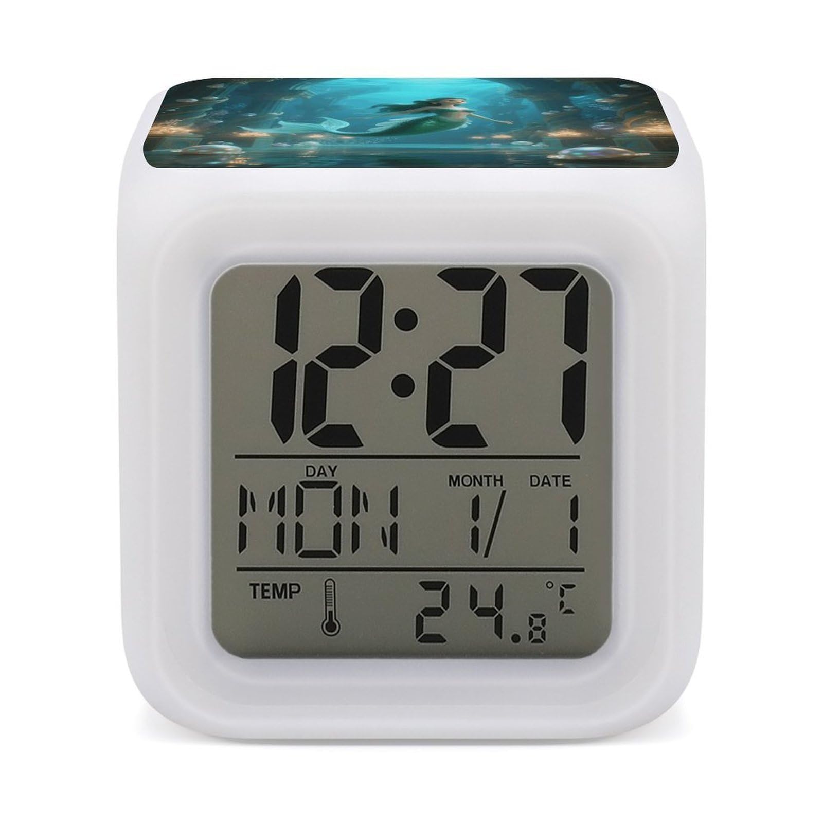 VstaDank Mermaid in Underwater Palace Alarm Clock with Date Temperature Large LED Display Number Clocks with 7 Colors Changing Desk Clock Battery Operated Digital Clocks with Date for Heavy Sleepers