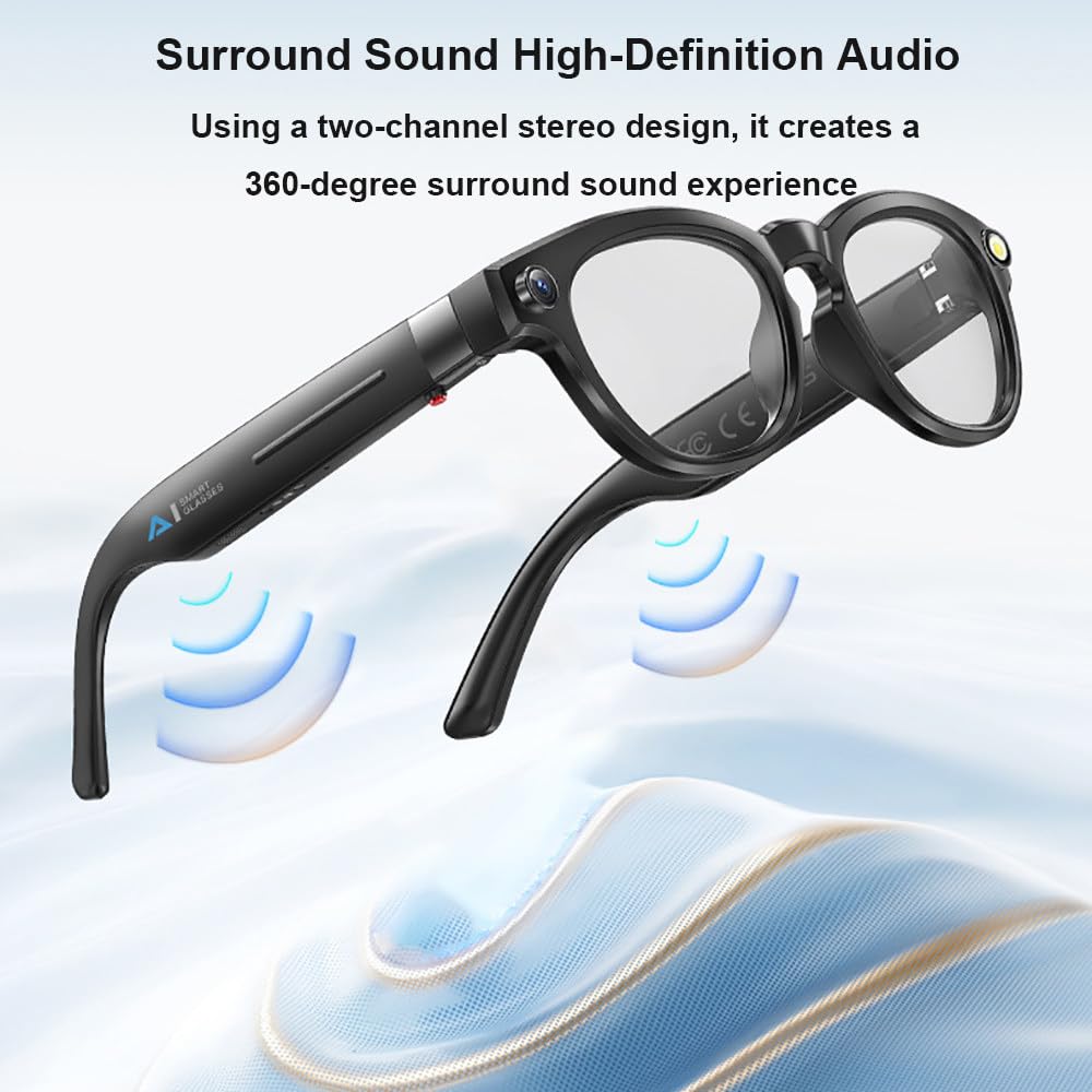 Lunettes Intelligentes IA,Caméra HD 4k,Balayage Et Toucher,Puce Anti-Tremblement Intégrée,Connexion Bluetooth Wi-FI,Changement De Couleur,Conception Stéréo À Deux Canaux,pour Les Voyages